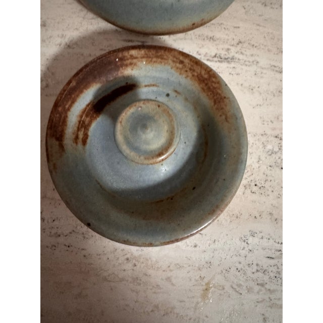 Vintage Studio Pottery Lidded Vessel Soft Blue Grey Glaze With Impressed Marks For Sale - Image 4 of 8