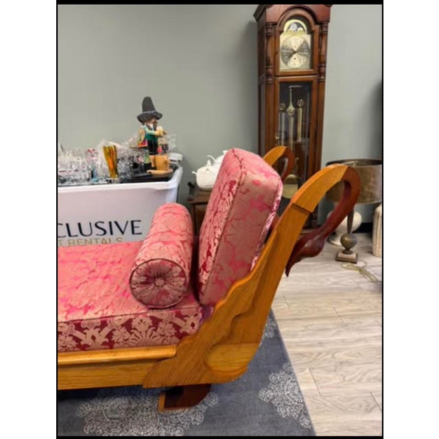 Late 20th Century Mid-Century Sculpted Wood Bookshelf Chaise Lounge in Red & Gold Damask For Sale - Image 5 of 12