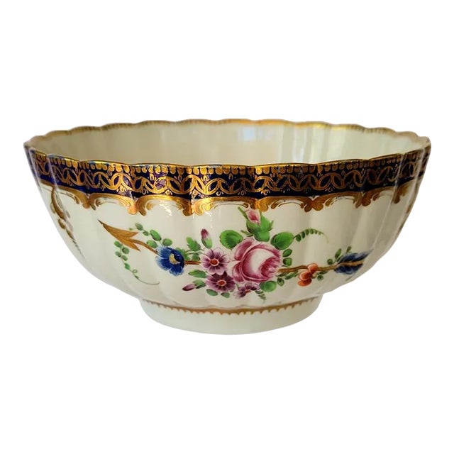 First Period Dr. Wall Worcester Blue and Gold Botanical Fluted Bowl For Sale