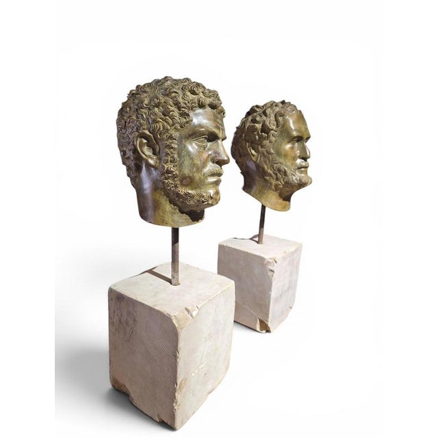 Metal Italian Artist, Pair of L Bronze Roman Emperor Heads on Marble Pedestals, 1950, Bronze For Sale - Image 7 of 11