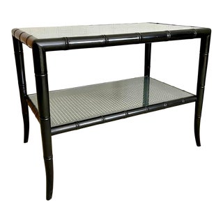 1990s Vintage Faux Bamboo and Cane End Table Coffee Table With Glass Top and Shelf, Freshly Lacquered For Sale