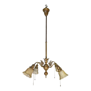 Antique C.1910 Late-Victorian 4-Arm Brass & Vintage Glass Shades Chandelier