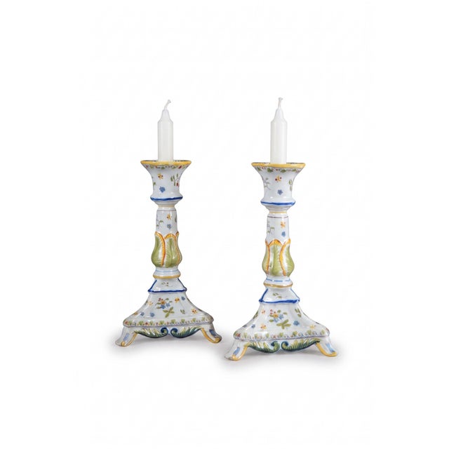 Hand-Painted Ceramic Candlesticks with Heraldic Floral Decoration, 1910s, Set of 2 For Sale - Image 11 of 12