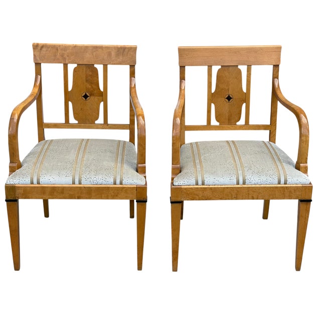 Pair of Antique Austrian Biedermeier Style Arm Chairs. Freshly upholstered in Osbourne & Little cut velvet stripe.