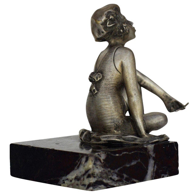 1920s Art Deco Nickel Plate Smoking Flapper on Marble Base For Sale