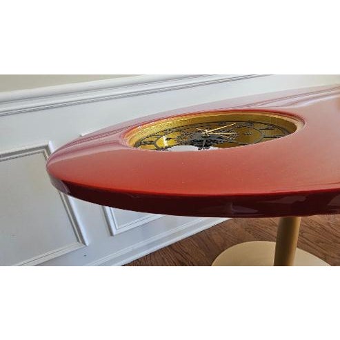 Wood Custom Red & Gold Epoxy Resin Clock Table With Sculptural Pedestal Base For Sale - Image 7 of 11