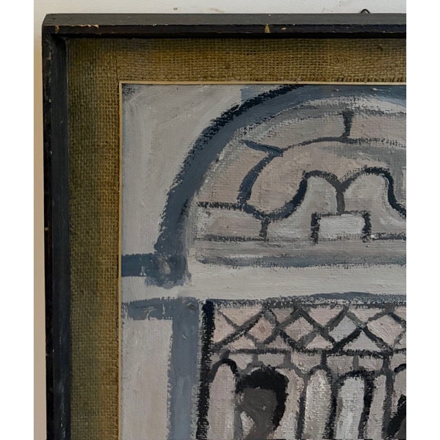 Original Mid Century Salvatore Emblema Painting on Jute - Two Figures at a Door, Signed For Sale In New York - Image 6 of 7