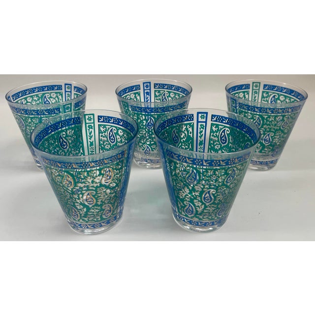 Mid-Century Modern Vintage Georges Briard Gilt Green & Blue Paisley Glasses - Set of 5 For Sale - Image 3 of 8