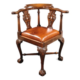 Early 20th Century Leather Seat Hand Carved Corner Chair For Sale