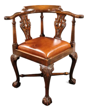 Early 20th Century Leather Seat Hand Carved Corner Chair