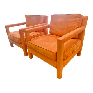 Pair of Milo Baughman Style Open Arm Parsons Chairs With Orange Suede Upholstery For Sale