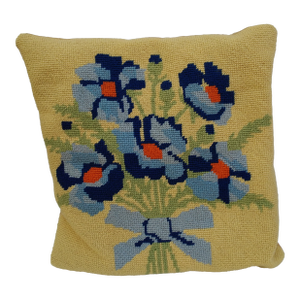 Mid-Century Blue Floral Needlepoint Pillow With Yellow Background