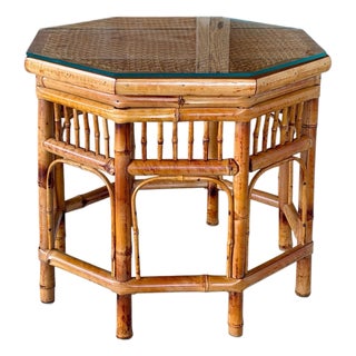 Vintage Octagonal Bamboo and Cane Side Table With Glass Top For Sale
