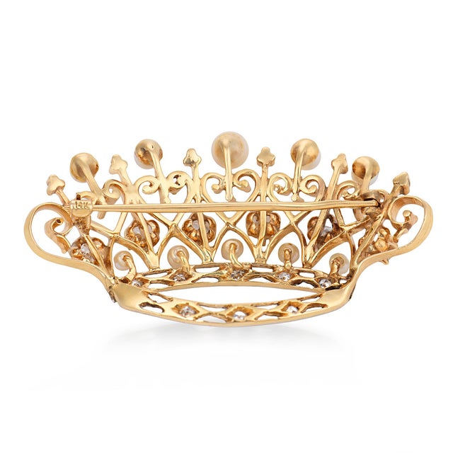 Mid 20th Century Mid 20th Century Retro Pearl Diamond 14k Yellow Gold Platinum Crown Brooch For Sale - Image 5 of 6