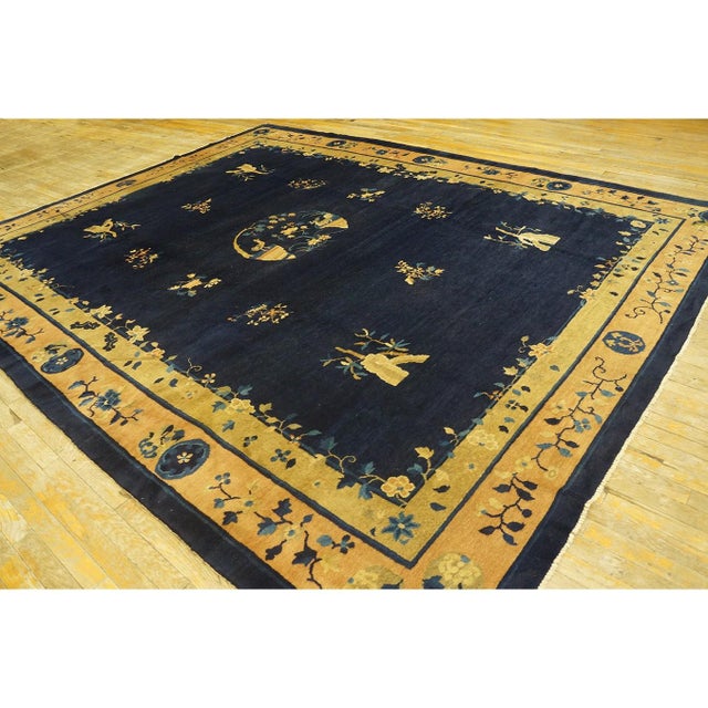 Art Deco 1920s Antique Chinese Floral Navy Deep Serene Landscape Deco Peking Knotted Rug For Sale - Image 3 of 10