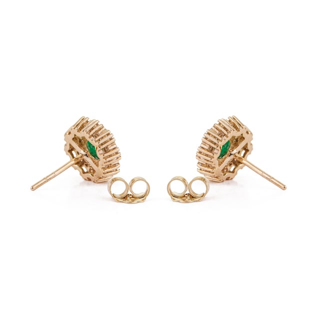 Green 1.08ct Round Emerald & Diamond Halo Cluster Stud Earrings in 14k Yellow Gold- A Pair For Sale - Image 8 of 15
