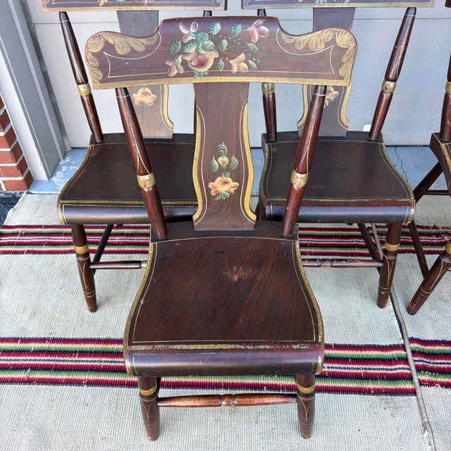 Set of 6 19th C. Adams/York County PA Paint-Decorated Plank Seat Chairs A superb, matched set of six mid-19th-century...