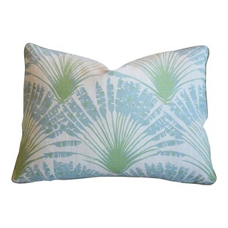 Designer Tropical Palm Tree Frond Linen & Velvet Feather/Down Pillow 22" X 17" For Sale
