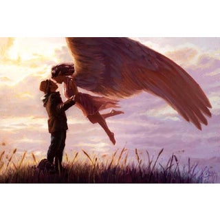 Two Worlds by Christopher Clark | Oil Painting of a couple with angel wings at sunset For Sale