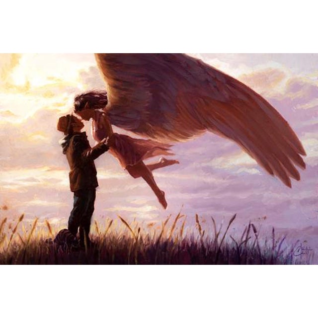 Two Worlds by Christopher Clark | Oil Painting of a couple with angel wings at sunset For Sale