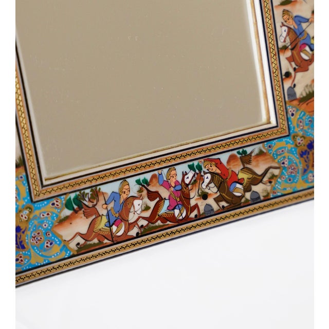 Hollywood Regency Hand-Painted Polo Scene Mirror, Turquoise Persian Miniature Style Frame For Sale - Image 3 of 4