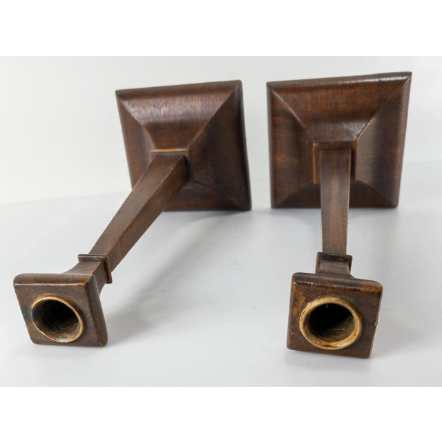 Wood Early 20th Century Walnut Veneer Candlesticks- a Pair For Sale - Image 7 of 11