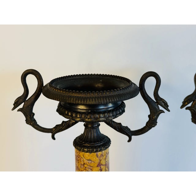 Late 20th Century Italian Marble Candle Pillars With Serpant Metal Accents, a Pair For Sale - Image 4 of 9