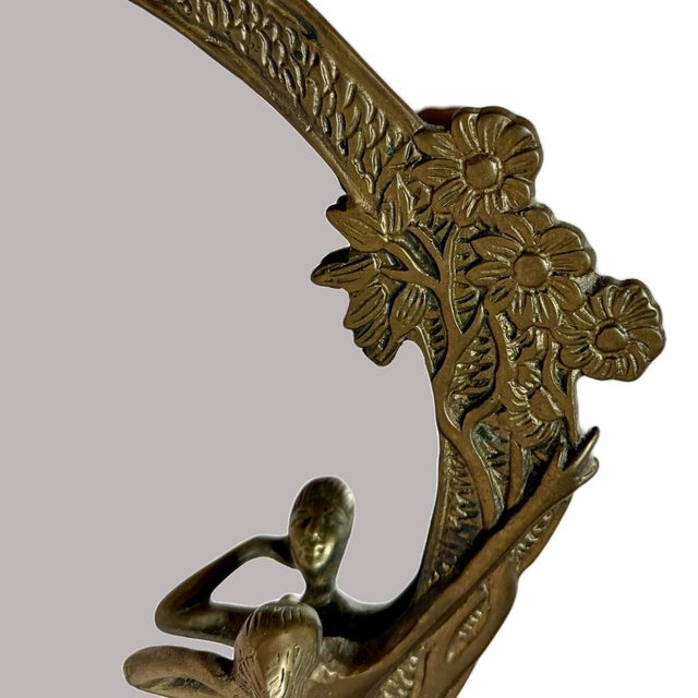 Vintage Mid-Century Art Nouveau Cast Brass Figural Nymph Round Wall Mirror For Sale - Image 4 of 5