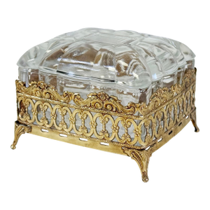 Vintage Hollywood Regency Style Glass Trinket Box W/ Footed Brass Filigree Base