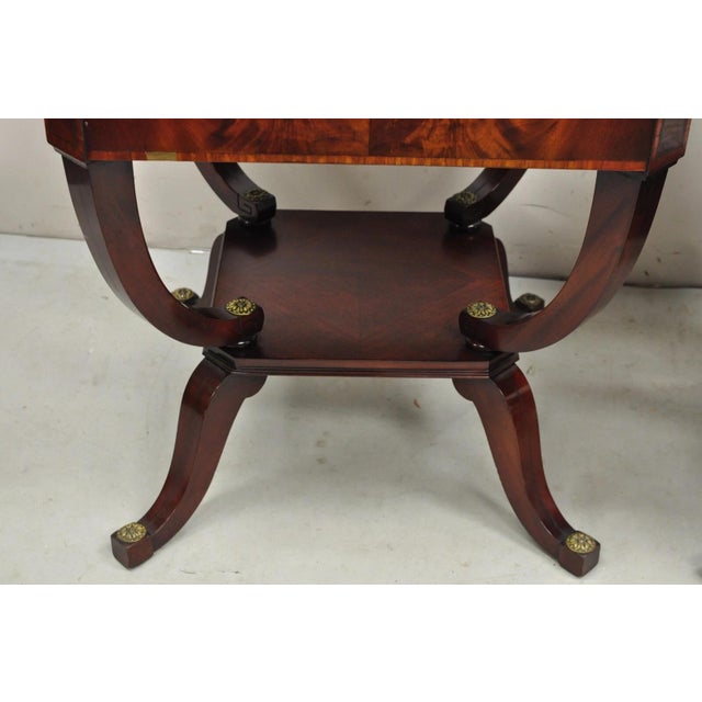 Vintage Regency Style Flamed Mahogany 2 Tier Square End Tables - A Pair For Sale - Image 4 of 12