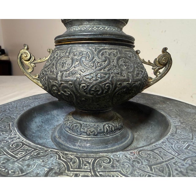 Metal Large Antique Ornate 19th Century Victorian Metal Bronze Desk Inkwell Stand Jar For Sale - Image 7 of 13