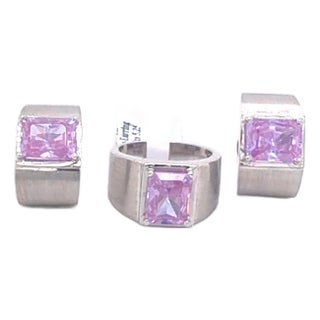14k White Gold Pink Cz Wide Band Ring & Earring Set, 3 Pieces For Sale