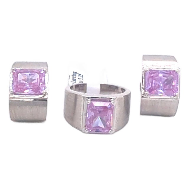 14k White Gold Pink Cz Wide Band Ring & Earring Set, 3 Pieces For Sale