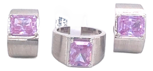 14k White Gold Pink Cz Wide Band Ring & Earring Set, 3 Pieces