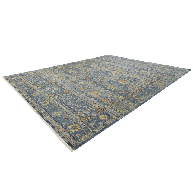 Modern 12x15 Hand-Knotted Modern Tabriz Style Wool Area Rug in Blue & Gold For Sale - Image 3 of 12