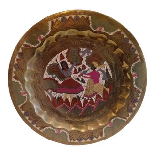 Vintage Solid Brass Asian Charger Multi Color 17" Platter For Sale
