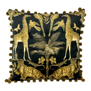 20" Square Decorative Throw Pillow With a Stunning Safari Animal Print of Giraffes, Leopards, Birds and Lizards- Made in the U K For Sale