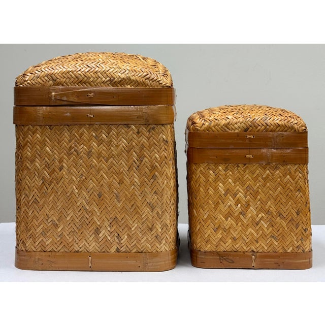 Chinoiserie Vintage Woven Wicker Nesting Baskets, a Pair For Sale - Image 3 of 6