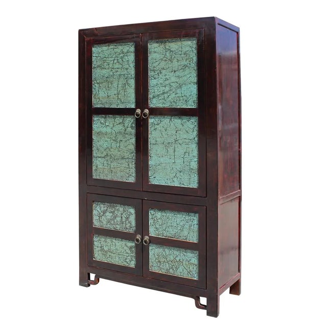 Contemporary Chinese Distressed Turquoise & Brown Armoire For Sale - Image 3 of 7