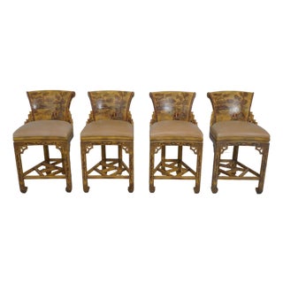 Set of 4 Maitland Smith Chinoiserie Counter Bar Stools For Sale