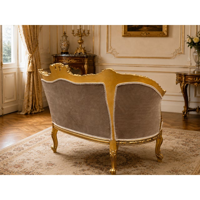 Wood 1970s French Louis XVI Tan Velvet Gold Settee For Sale - Image 7 of 8