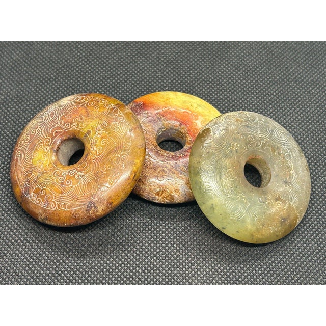 Late 20th Century Vintage Chinese Hongshan Style Carved Jade Bi Discs Set of Three For Sale - Image 5 of 8