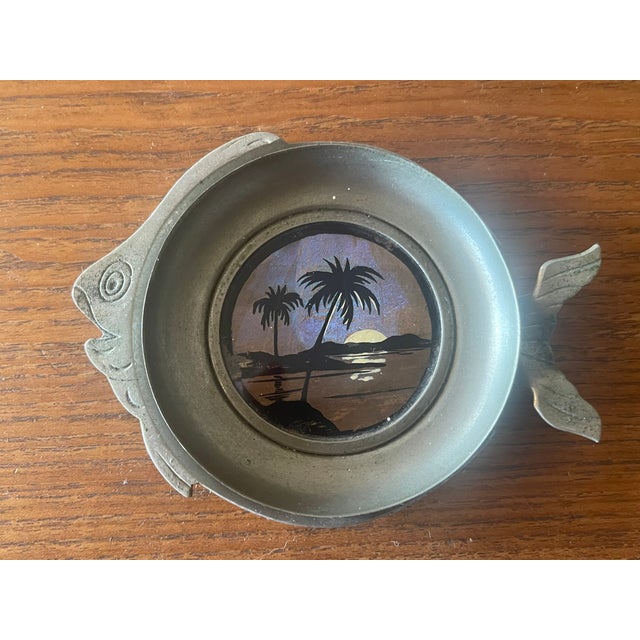 Art Deco Art Deco Butterfly Reverse Painted Glass Pewter Fish Ash Tray For Sale - Image 3 of 8