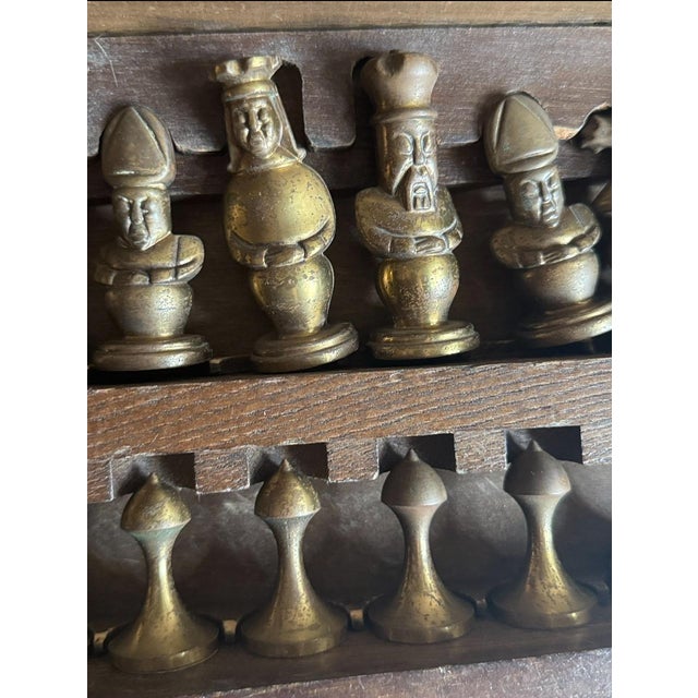 Mid-Century Medieval-Style Cast Metal Chess Set With Hardwood Board and Hand-Carved Storage Box For Sale - Image 14 of 14