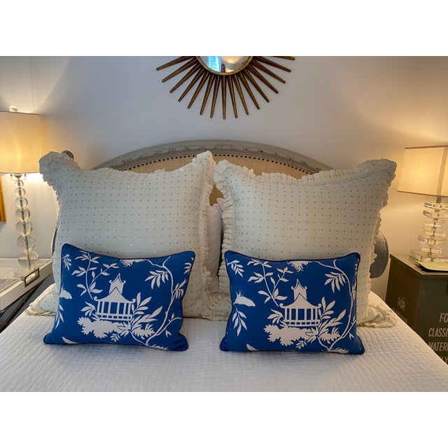 Pair of charming pillows custom made in Vern Yip fabric - cotton, linen, rayon blend - rope binding. Zipper closure with...