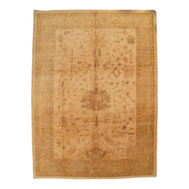 Vintage Oushak Carpet, Oriental Rug, Handmade, Ivory, Gray, Saffron, Yellow For Sale