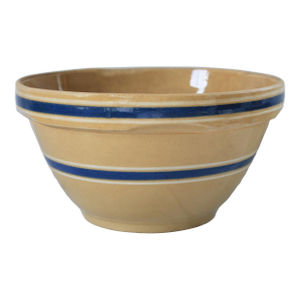 Yellow Ware Stoneware Mixing Bowl With Blue & White Stripes Ovenware Usa