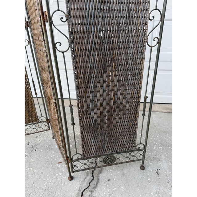 Wood Vintage Wrought Iron & Woven Rattan Folding Room Divider Screen For Sale - Image 7 of 12