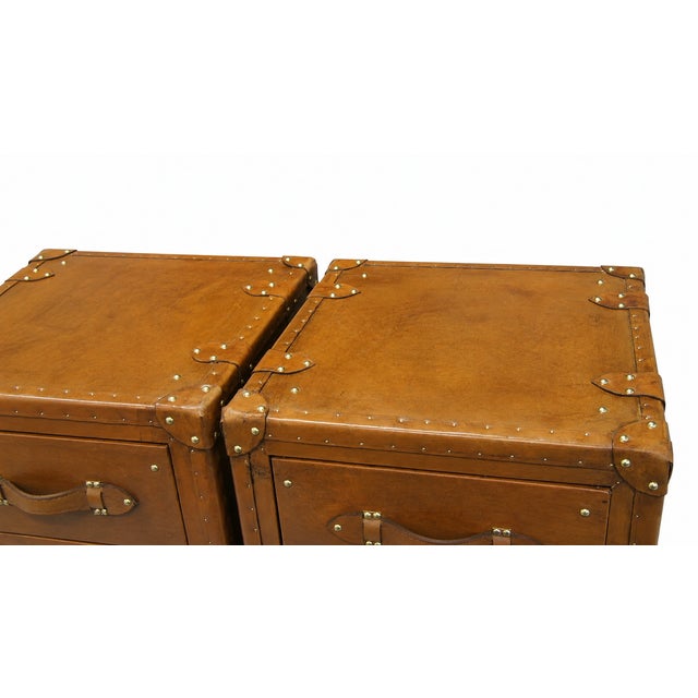 Luxury Handmade Leather Bedside Tables, Pair of Vintage Trunk Nightstands, Leather 3 Drawer Bedside Cabinets With Brass Studs, A Pair For Sale - Image 12 of 14