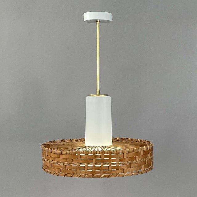 Rattan and Frosted Glass Pendant attributed to Doria, Germany, 1960s For Sale - Image 16 of 17